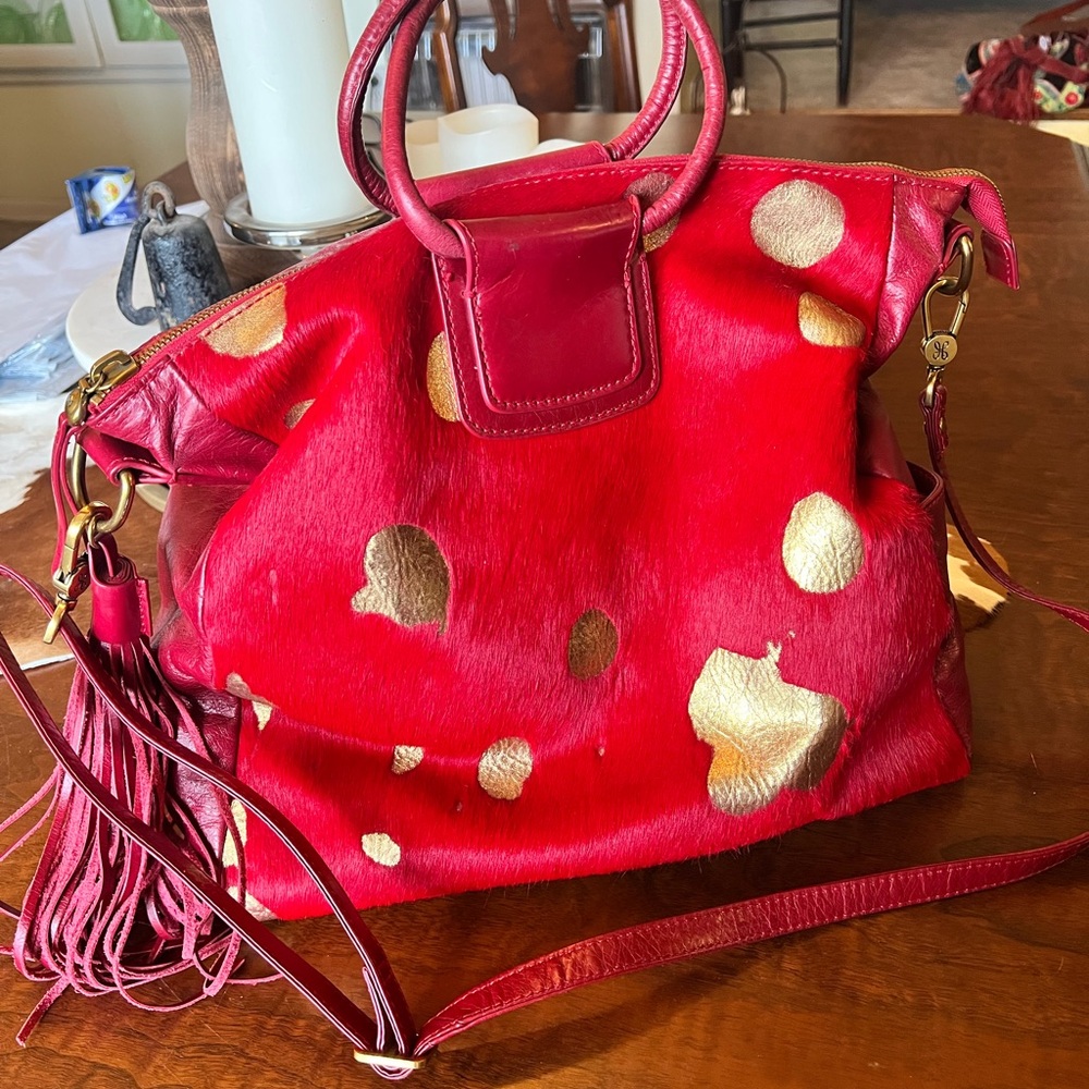 HOBO Red Leather Shoulder Bag with Gold Spots